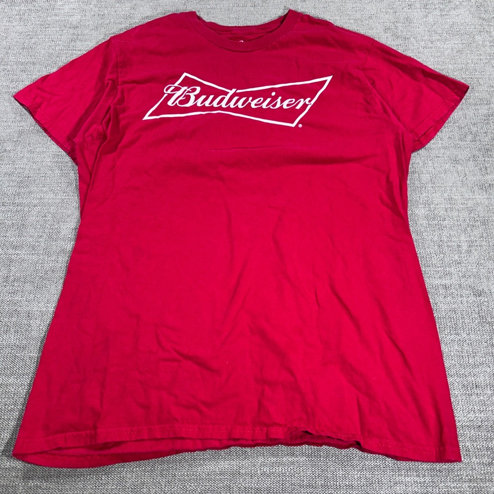 Hanes Budweiser T-Shirt Mens Large Red Excellent Bowtie Logo Graphic Tee
